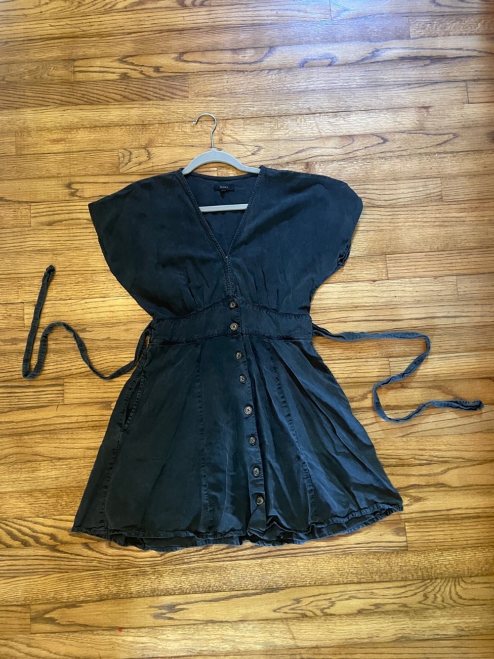 Quince Washed Black Button-Front Mini Dress with Tie Waist SzS